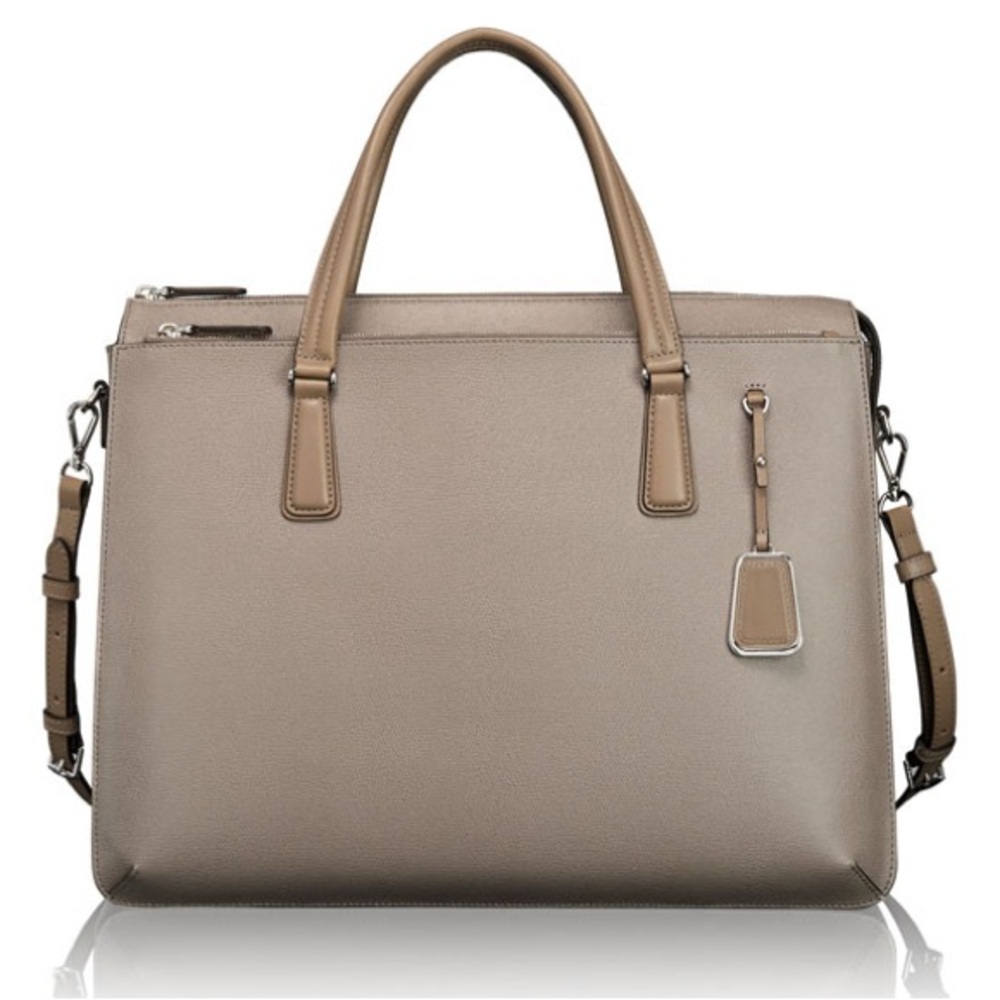 TUMI Sinclair Nina Commuter Briefcase Coated Canvas Eagle Grey Brown Leather